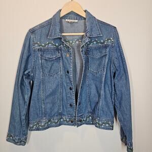Karavan Denim‎ Women's Floral Embroidered Short Casual Blue Pocket Jacket Small